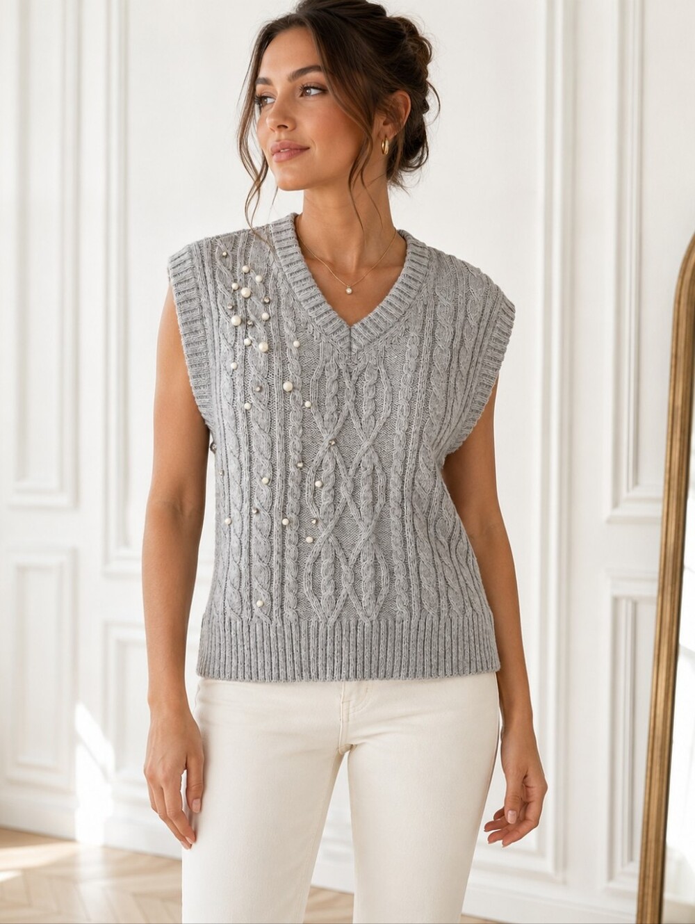 Free Assembly Pearl & Rhinestone Embellished Gray Cable Knit Sweater Vest  Small